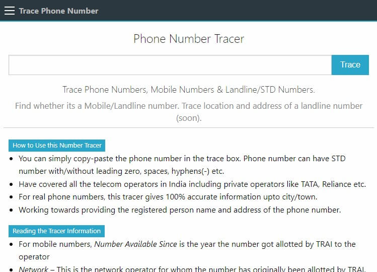 de búsqueda de números de teléfono TracePhone Number